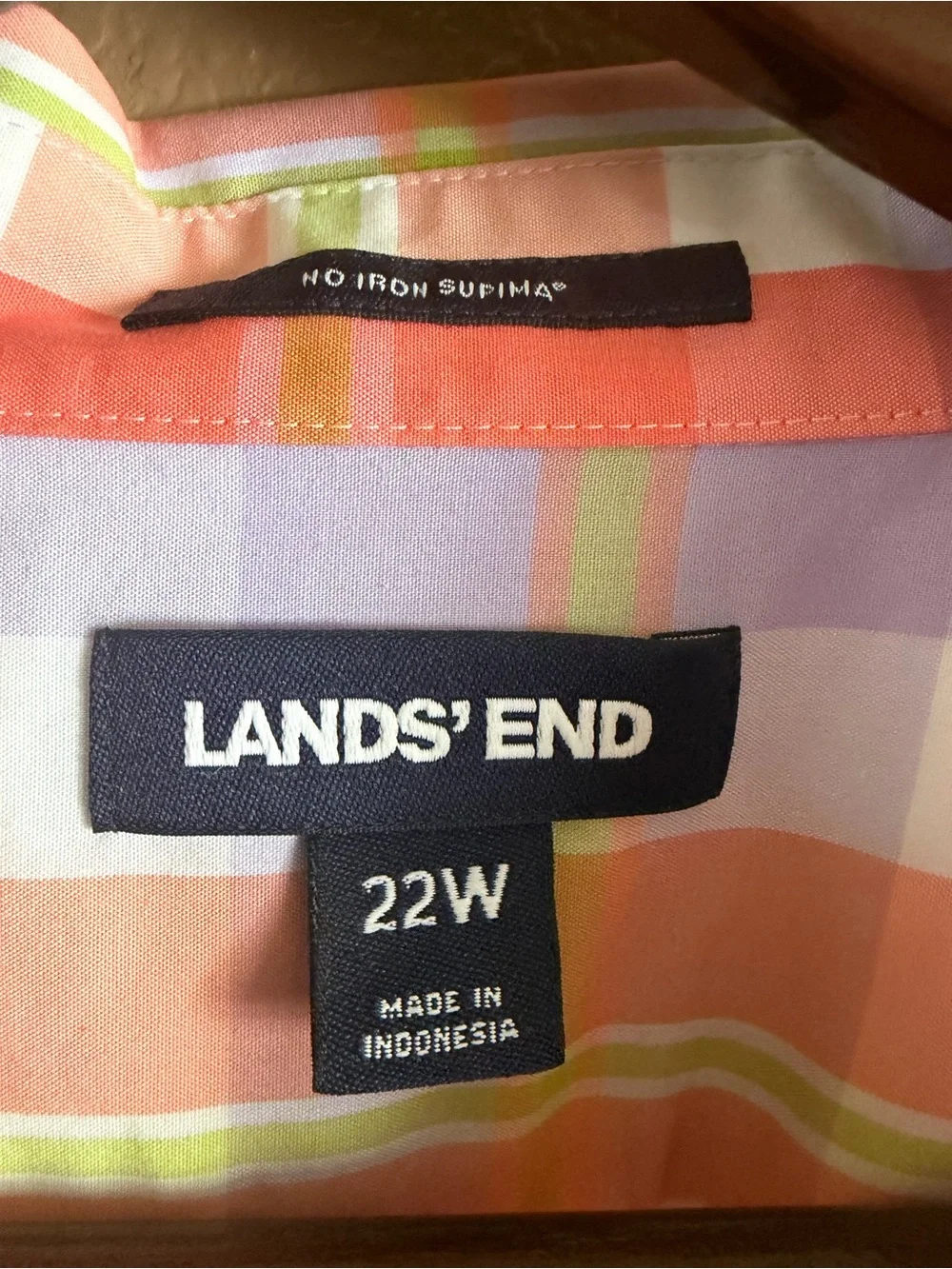 Lands' End Peach, light Purple and White Checkered Button-Down Shirt Size 22W - Picture 5 of 10